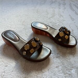 Sesto Meucci Brown Slides with Gem Embellishments